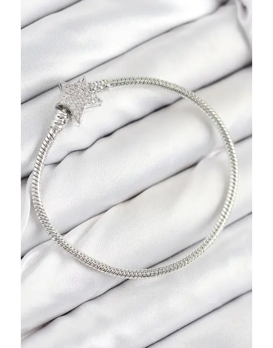 Pirinç Charm Zirkon Taşlı Yıldız Model Gümüş Renk Kadın Bileklik