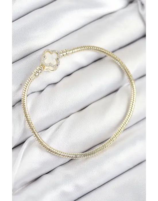 Pirinç Charm Zirkon Taşlı Yonca Model Gold Renk Kadın Bileklik
