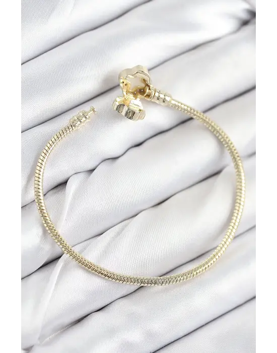 Pirinç Charm Zirkon Taşlı Yonca Model Gold Renk Kadın Bileklik