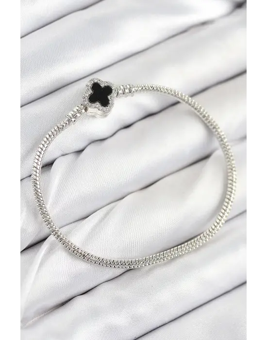 Pirinç Charm Zirkon Taşlı Yonca Model Gümüş Renk Kadın Bileklik