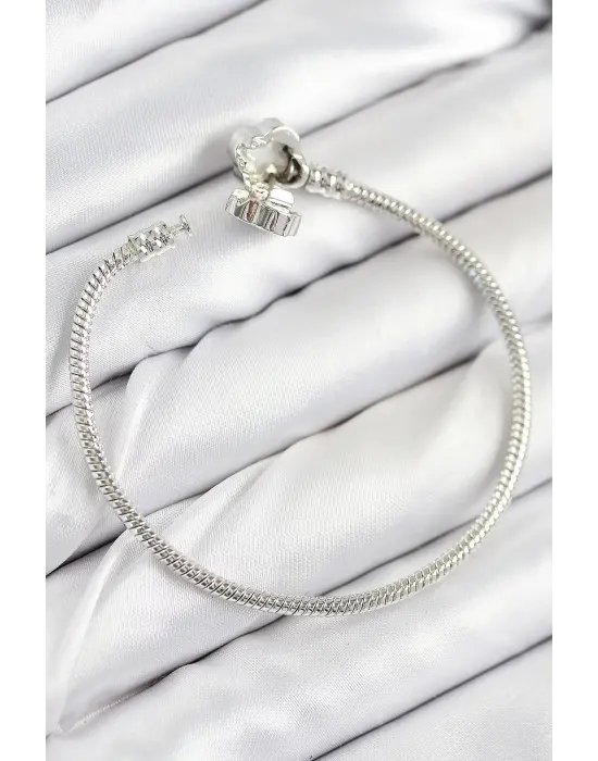 Pirinç Charm Zirkon Taşlı Yonca Model Gümüş Renk Kadın Bileklik