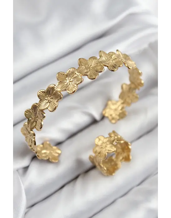 Pirinç Çiçek Model Gold Renk Bileklik Yüzük Set