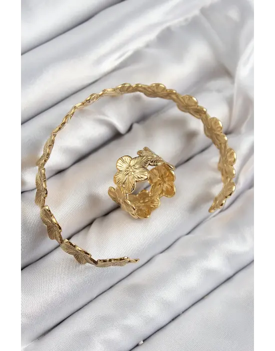 Pirinç Çiçek Model Gold Renk Bileklik Yüzük Set
