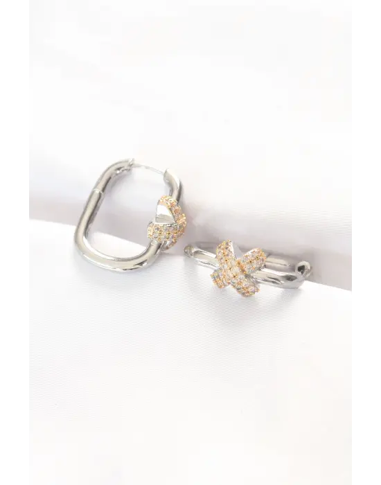  Çift Renk Taşlı X Tasarımlı Dikdörtgen Küpe