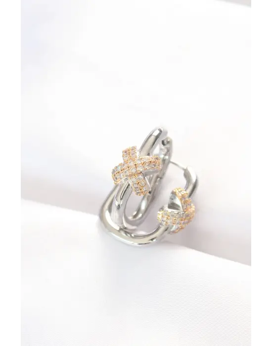  Çift Renk Taşlı X Tasarımlı Dikdörtgen Küpe