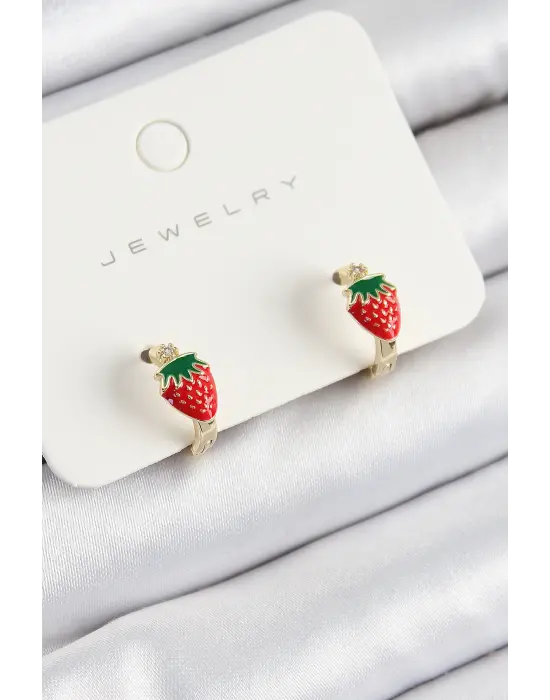 Pirinç Çilek Model Gold Renk Çocuk Küpe