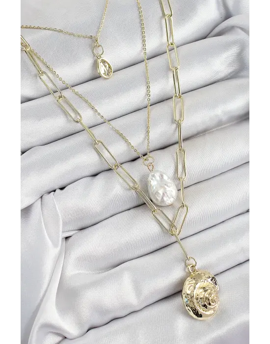 Pirinç Çoklu Zincirli İncili Deniz Kabuğu Model Gold Renk Kadın Kolye