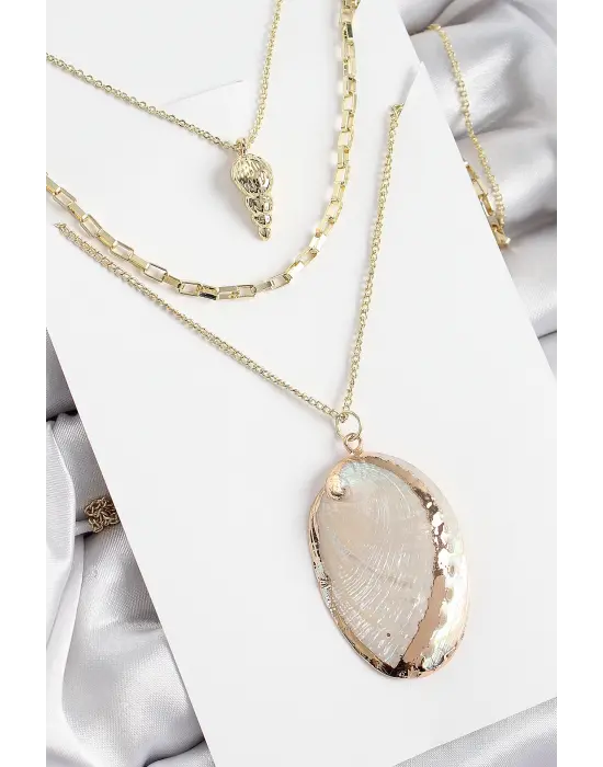 Pirinç Çoklu Zincirli İstiridye Model Gold Renk Kadın Kolye