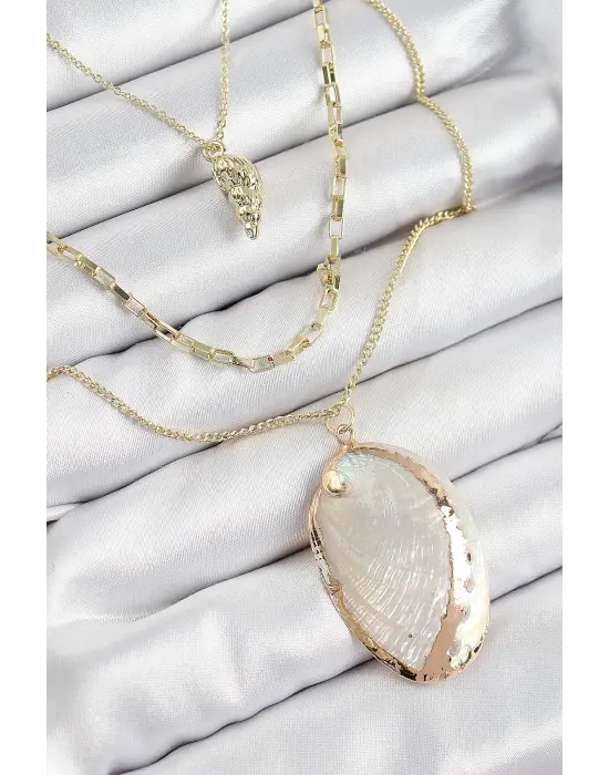 Pirinç Çoklu Zincirli İstiridye Model Gold Renk Kadın Kolye