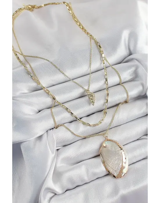 Pirinç Çoklu Zincirli İstiridye Model Gold Renk Kadın Kolye
