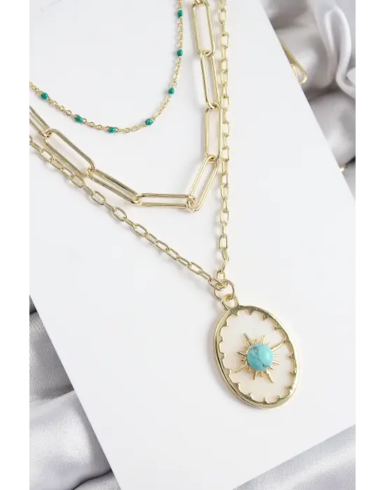 Pirinç Çoklu Zincirli Mavi Boncuklu Pusula Model Gold Renk Kadın Kolye