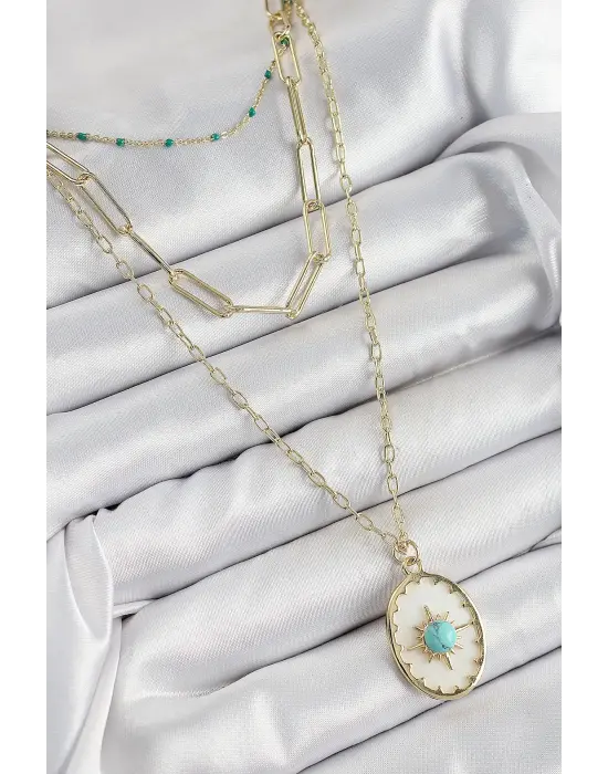 Pirinç Çoklu Zincirli Mavi Boncuklu Pusula Model Gold Renk Kadın Kolye