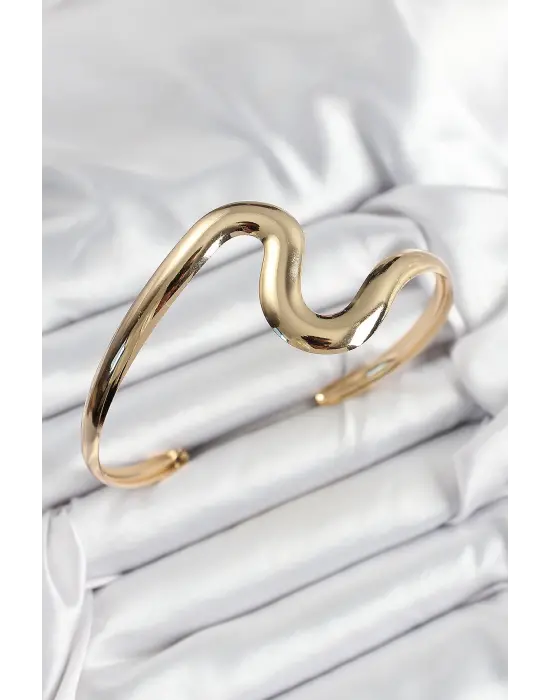 Pirinç Dalgalı Model Gold Renk Kadın Pazu Bileklik