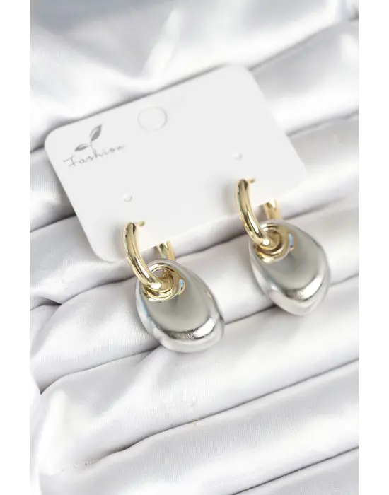 Pirinç Damla Model Gümüş Gold Renk Kadın Küpe