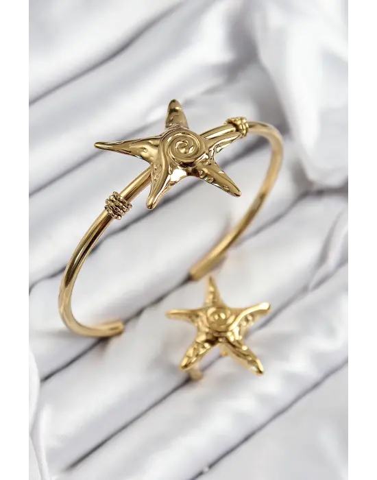 Pirinç Deniz Yıldızı Model Gold Renk Bileklik Yüzük Set