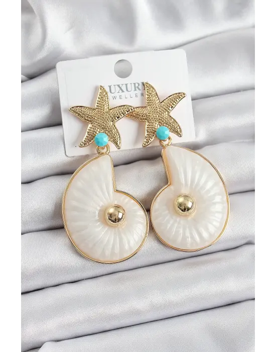Pirinç Deniz Yıldızı Ve Deniz Kabuğu Figürlü Gold Renk Kadın Küpe