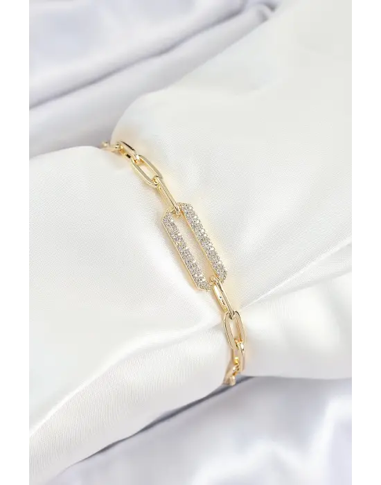 Pirinç  Dikdörtgen Model Zirkon Taşlı Gold Renk VİP Seri Kadın Bileklik