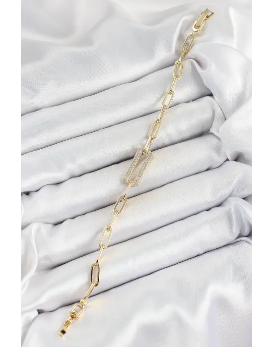 Pirinç  Dikdörtgen Model Zirkon Taşlı Gold Renk VİP Seri Kadın Bileklik