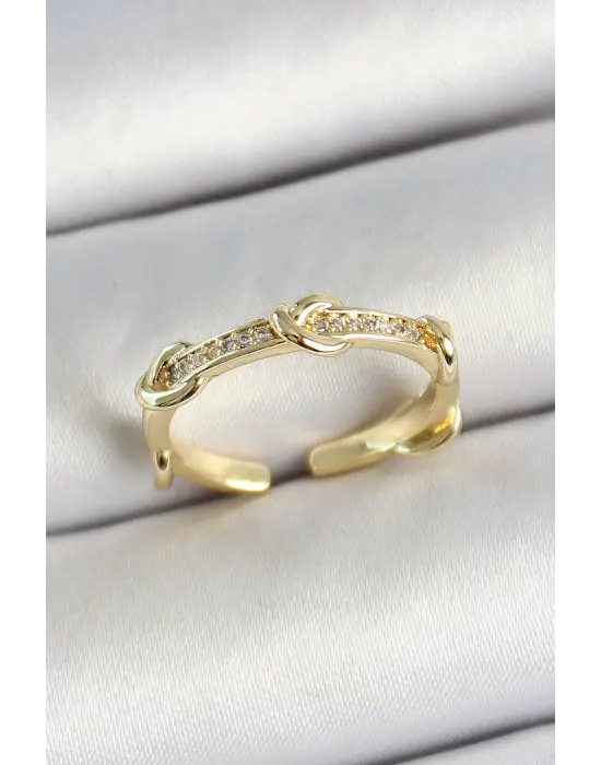 Pirinç Düğüm Figürlü Zirkon Taşlı Gold Renk Ayarlanabilir Kadın Yüzük