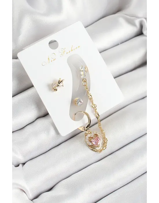 Pirinç Fiyonk ve Kalp Figürlü Zirkon Taşlı Gold Renk 3lü Kıkırdak Kadın Küpe Set