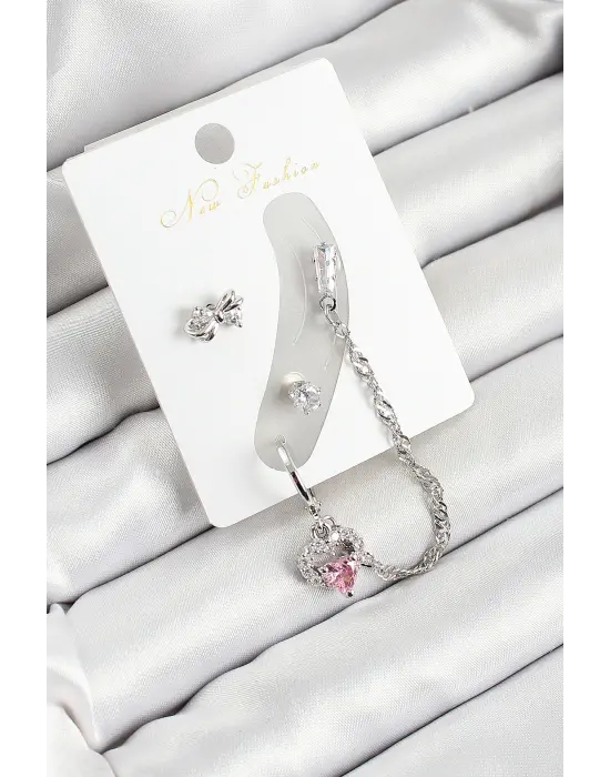 Pirinç Fiyonk ve Kalp Figürlü Zirkon Taşlı Gümüş Renk 3lü Kıkırdak Kadın Küpe Set