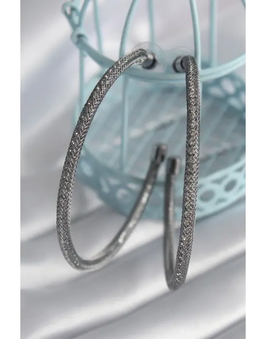  Füme Renk Hasır Halka Model Zirkon Taş Detay Çelik Küpe