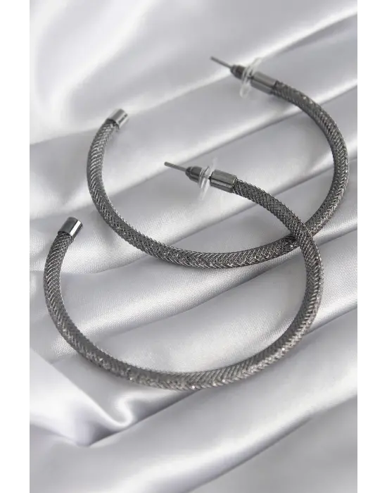  Füme Renk Hasır Halka Model Zirkon Taş Detay Çelik Küpe