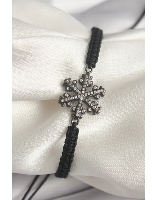 Pirinç Füme Renk Zirkon Taşlı Kar Tanesi Figür Makrome Asansörlü Model Kadın Bileklik