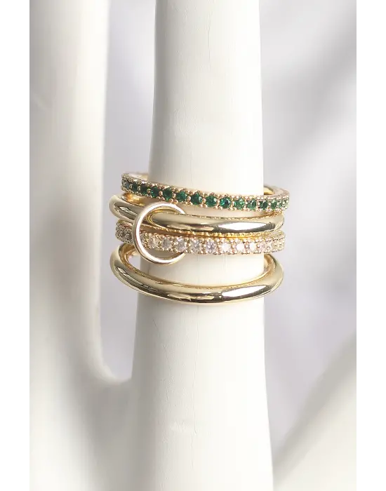 Pirinç God Renk Yeşil Zirkon Taşlı 4Lü Kadın Yüzük