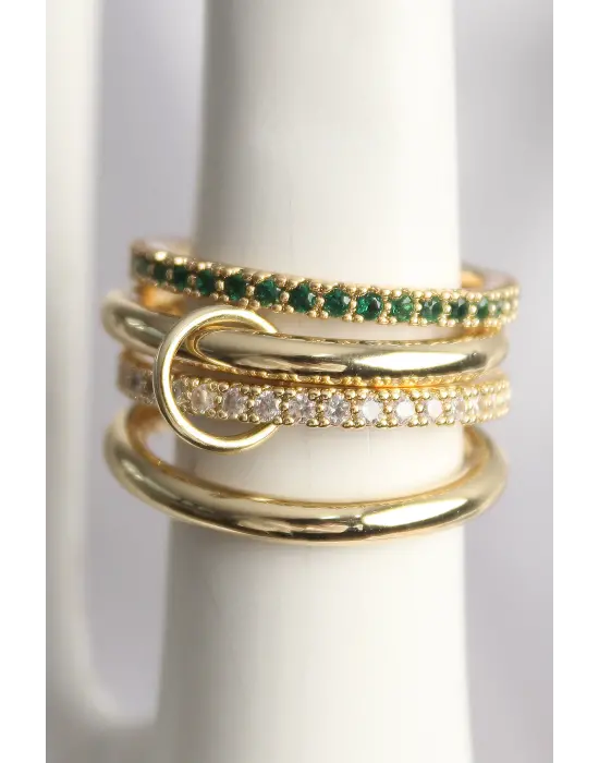 Pirinç God Renk Yeşil Zirkon Taşlı 4Lü Kadın Yüzük