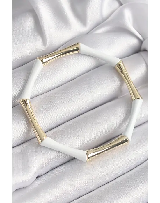 Pirinç Gold Beyaz Renk Lastikli Bambu Model Kadın Bileklik