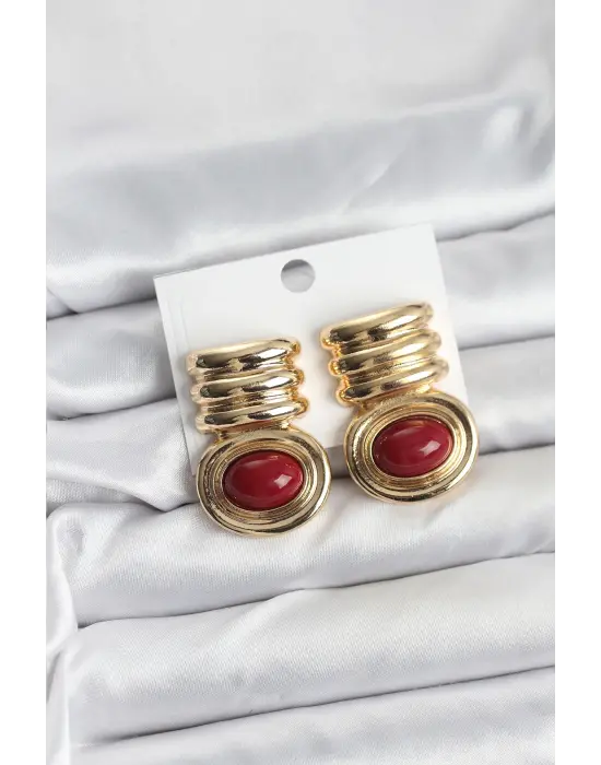 Çelik Gold Bordo Renk Vintage Kadın Küpe