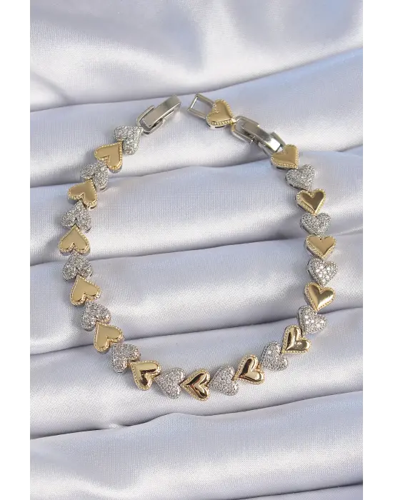 Pirinç Gold Gümüş Renk Kalp Model VİP Seri Kadın Bileklik