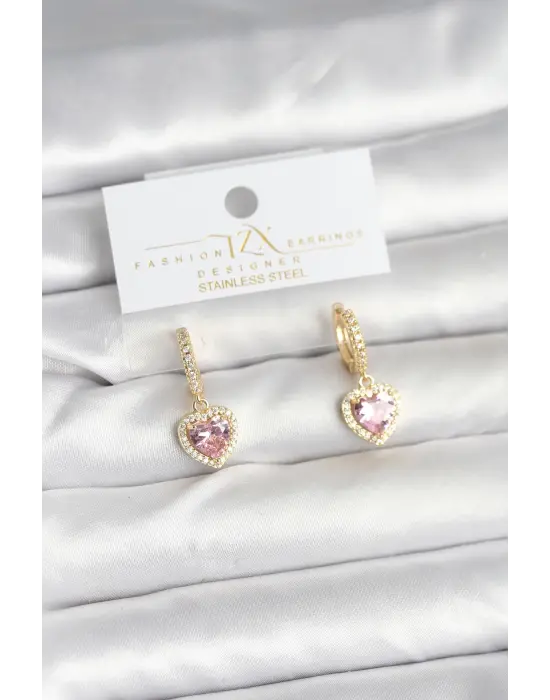 Pirinç Gold Pembe Renk Zirkon Taşlı Kalp Model Kadın Küpe
