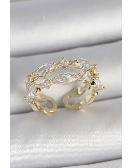 Pirinç Gold Renk 2Li Damla Zirkon Taşlı Ayarlanabilir Kadın Yüzük