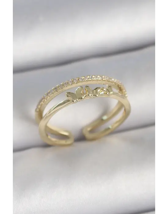 Pirinç Gold Renk 2Li Sıra Zirkon Taş Detaylı Kelebek Figürlü Ayarlanabilir Model Kadın Yüzük