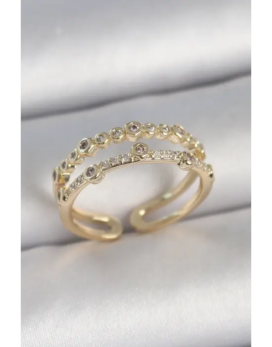Pirinç Gold Renk 2Li Sıralı Zirkon Taşlı Ayarlanabilir Model Kadın Yüzük