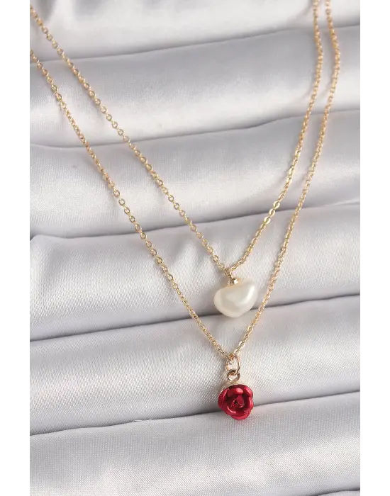 Pirinç Altın 2Li Zincir Model Gül Figür İnci Detay Çelik Kolye