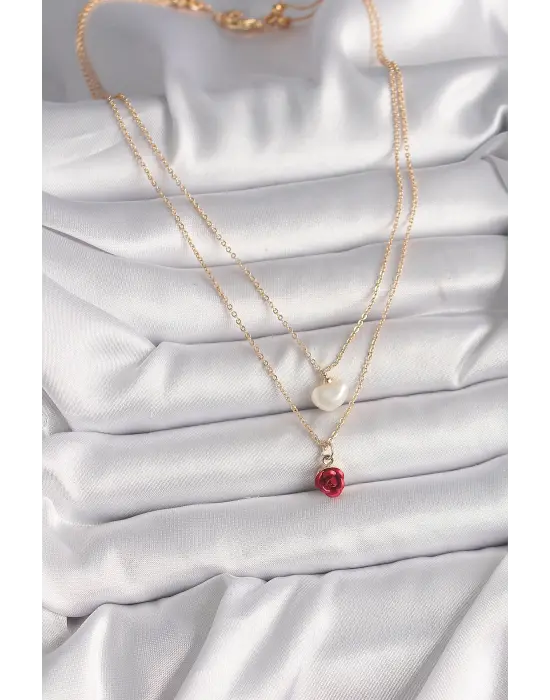 Pirinç Altın 2Li Zincir Model Gül Figür İnci Detay Çelik Kolye