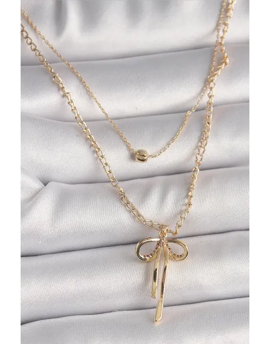 Pirinç Altın  2Li Zincir Model Kurdele Figür  Çelik Kolye