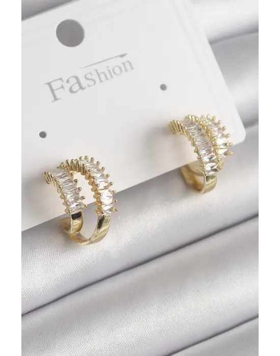  Altın 2Li Zirkon Taşlı Halka Model Çelik Küpe