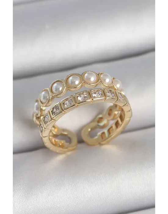 Pirinç Gold Renk 2Li Zirkon Taşlı Ve İncili Ayarlanabilir Kadın Yüzük
