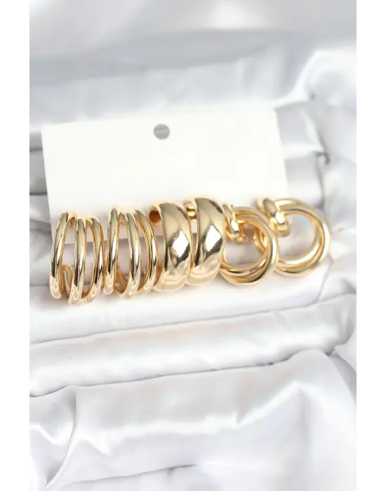 Pirinç Gold Renk 3 Çift Vintage Kadın Küpe Seti