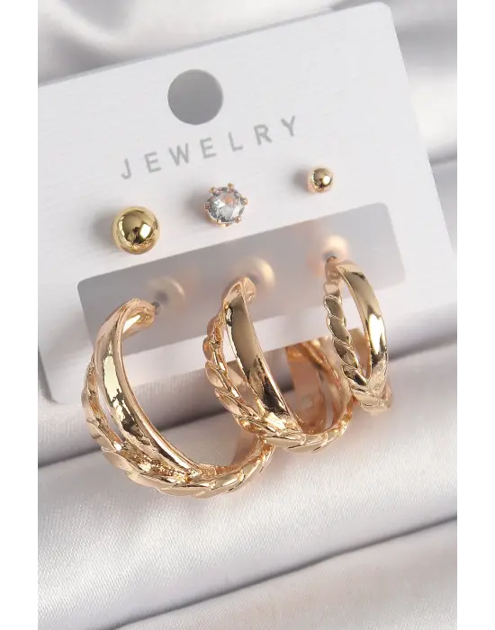  Altın 3Lü Halka Model Zirkon Taş Topçuk Model Çelik Küpe Seti