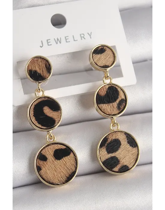  Altın 3Lü Leopar Desenli Sallantı Daire Plaka Model Çelik Küpe