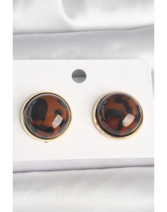 Pirinç Gold Renk 3D Daire Leopar Model Kadın Küpe