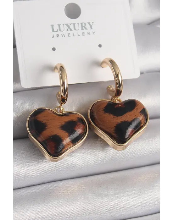  Altın 3D Kalp Leopar Desen Model Çelik Küpe