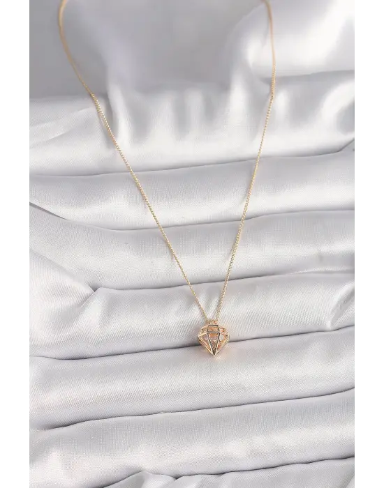 Pirinç Altın  3D Zirkon Taşlı Elmas Model  Çelik Kolye