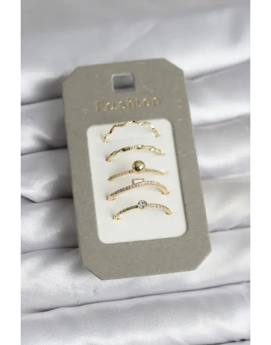 Dorika Su Yolu Çelik Gold Renk 5li Yüzük Seti