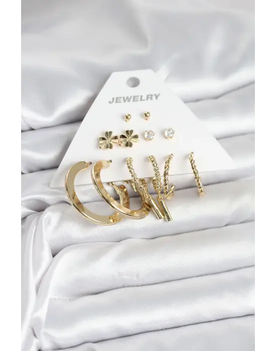 Yonca Pirinç Gold Renk 6 Çift Dorika Halka Kadın Küpe Seti